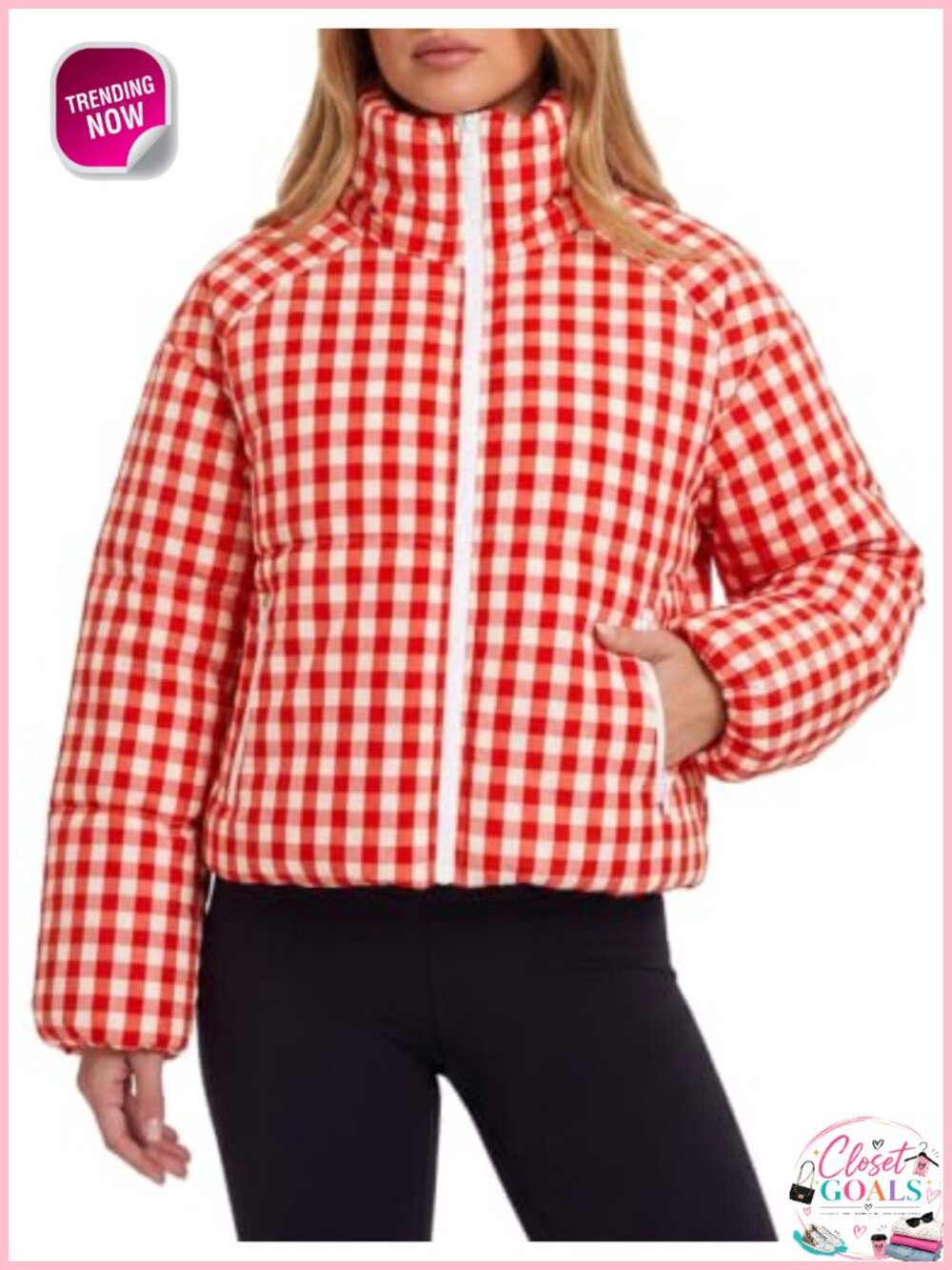 Women's Plaid Quilted Puffer Jacket Zip Up Cropped Warm Winter Coat